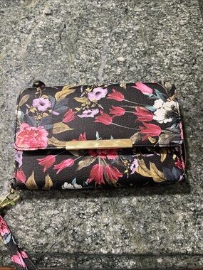 Mindi Floral Black Wristlet Wallet with Gold Bar Accent